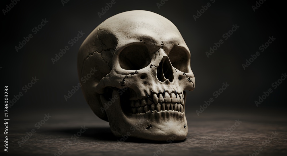 Obraz premium Human skull against dark background rendered in a realistic studio