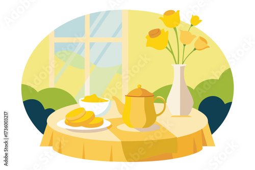 Yellow Tea Set, Breakfast, and Floral Arrangement on a Table Near Window Illustration
