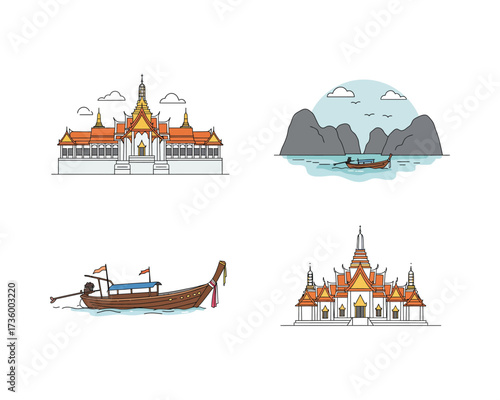 Collection of four hand drawn illustrations depicting iconic thai landmarks temples and traditional longtail boat