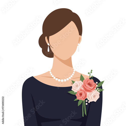 Elegant Woman in Dark Dress with Pearl Necklace and Corsage.