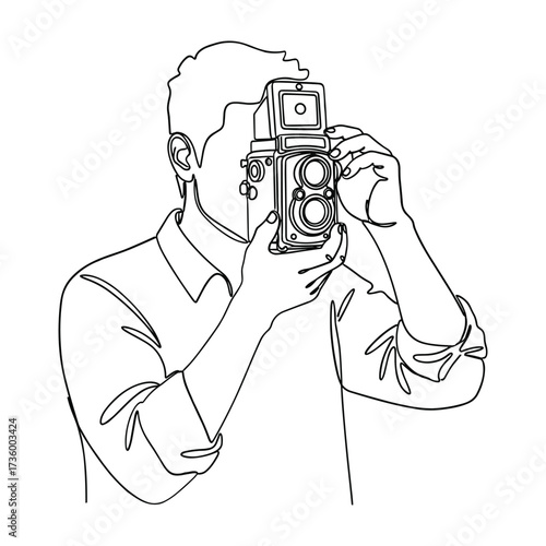 Man holding vintage twin lens reflex camera in continuous line drawing style vector