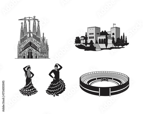 Collection of iconic spanish cultural symbols including architectural landmarks flamenco dancers and a bullfighting arena in a graphic illustration style