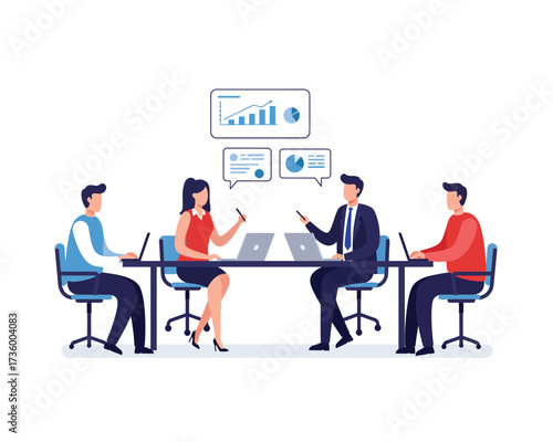 Diverse business professionals collaborate around a conference table discussing financial charts and data on laptops and screens