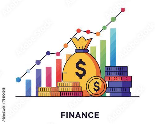 Financial growth depicted with a rising line graph money bag coins and colorful bar charts symbolizing investment success