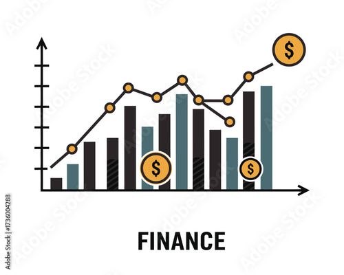 Financial growth chart with ascending bars and line graph showing positive investment trend and currency symbols on white background
