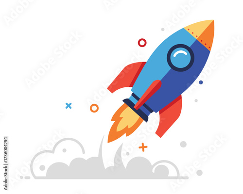 Colorful cartoon rocket ship blasting off into the sky with smoke and abstract elements representing speed and innovation