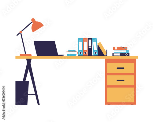 Modern home office desk setup with laptop lamp and organized binders on a white background