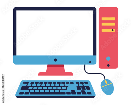 A vibrant flat design illustration of a modern desktop computer setup with a monitor keyboard mouse and tower on a white background