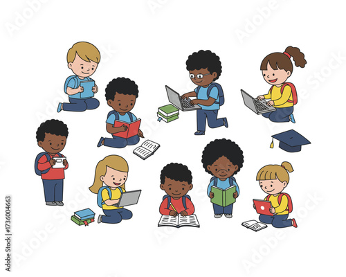 Diverse group of children of various ethnicities and genders engaged in reading and learning activities in a bright and cheerful illustration