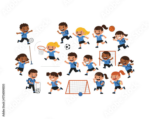 Diverse group of energetic cartoon children actively participating in various sports and outdoor recreational activities together