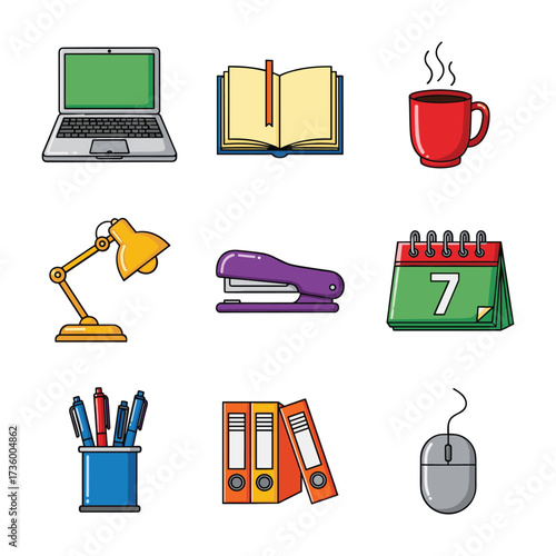 Collection of office supplies and desk items in a flat design style laptop book