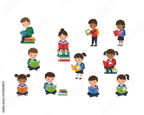 Diverse group of cheerful cartoon children of various ethnicities and genders engrossed in reading books sitting and standing
