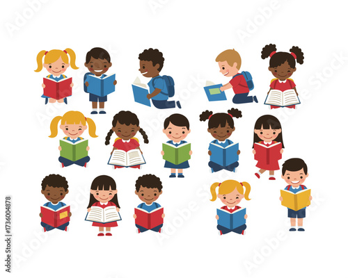 Diverse group of happy young children of various ethnicities and genders engrossed in reading books together