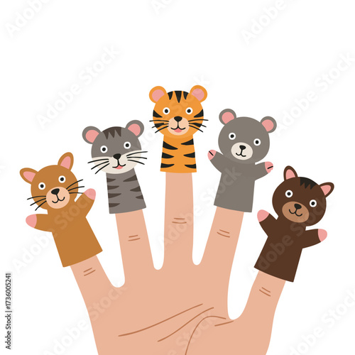 Cute Animal Finger Puppets on a Hand.