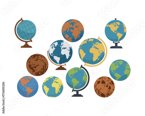 Collection of diverse globes representing earth and other planets showcasing different continents and geographical features on stands