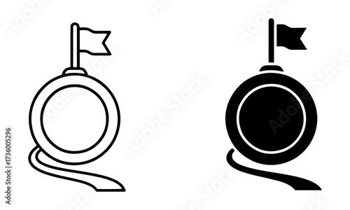 Vector of a medal with flag icon in outline and solid black.