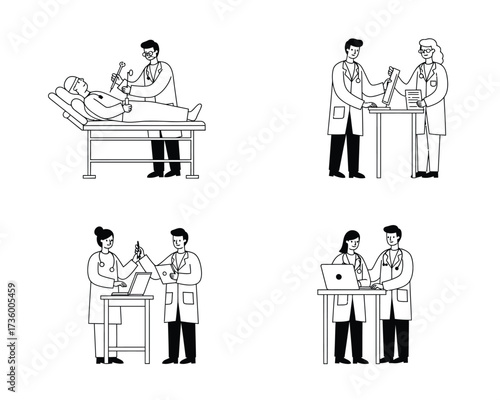 Four hand drawn medical illustrations depicting doctors examining patients and discussing medical information with colleagues