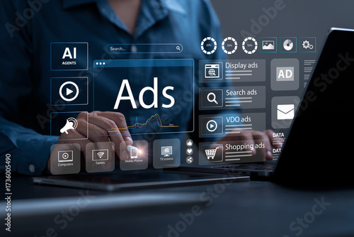 Digital marketing and online advertising concept. Professional analyzes ad performance dashboard with data and charts. customer engagement insights, social media strategy, audience targeting, SEO.