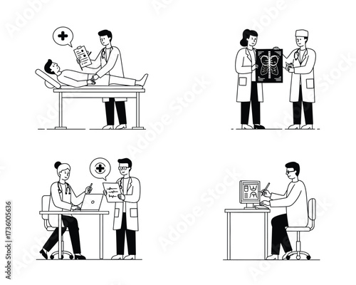 Four medical illustrations depicting doctors examining patients reviewing x rays and using medical equipment in a clinic setting