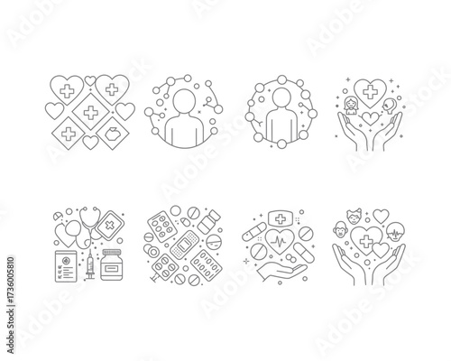 Collection of hand drawn medical icons featuring hearts stethoscopes pills and caring hands representing health and wellness