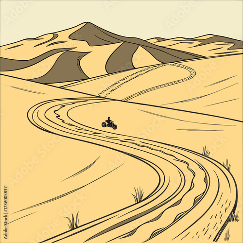 A lone rider on a quad bike navigates a winding dirt track through vast sand dunes under a clear sky