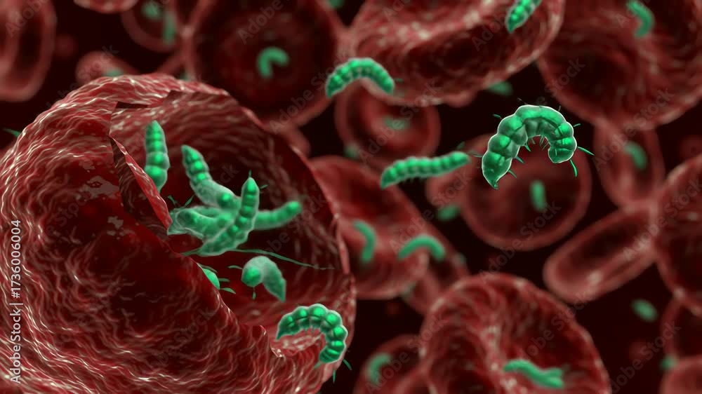 Plasmodium parasite invading red blood cells, rupture releasing new ...