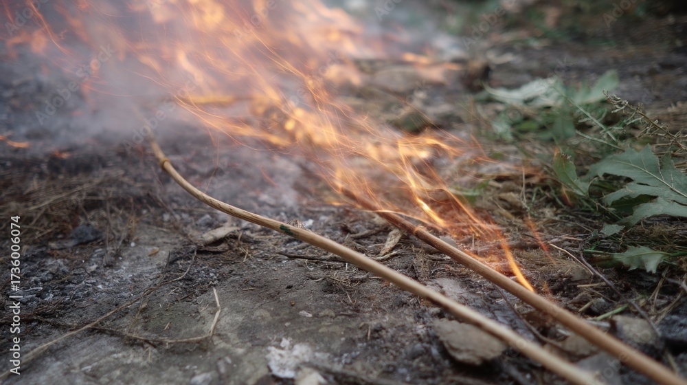 Fototapeta premium Close-up of a fire burning on the ground. the fire appears to be burning brightly, with orange and yellow flames and thick smoke rising up into the air.