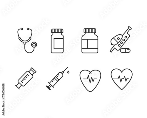 Collection of hand drawn medical icons featuring a stethoscope pills syringes and heartbeat ekg lines