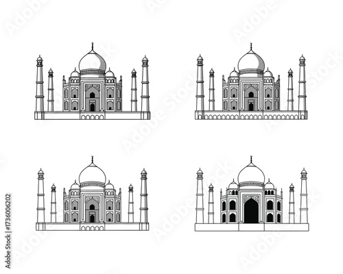 Four detailed black and white line art illustrations of the iconic taj mahal monument from different perspectives and angles