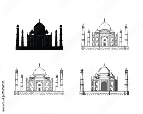 Collection of four distinct artistic representations of the taj mahal showcasing silhouette and detailed architectural line drawings