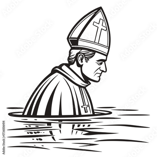 A solemn bishop wearing a mitre and robes stands in water his reflection visible below