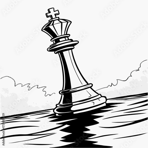 A solitary black king chess piece is tilted precariously on its base casting a long shadow on a reflective surface symbolizing risk and uncertainty
