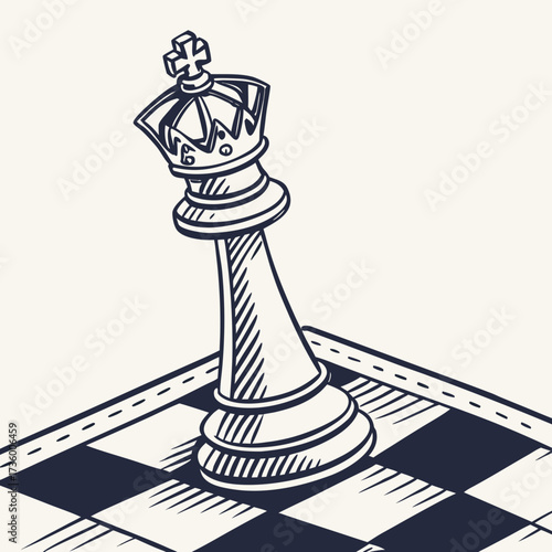 A solitary chess king stands on a checkered board rendered in a classic sketch style with bold lines and hatching