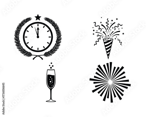 New year s eve celebration icons featuring a countdown clock champagne toast confetti popper and festive fireworks display
