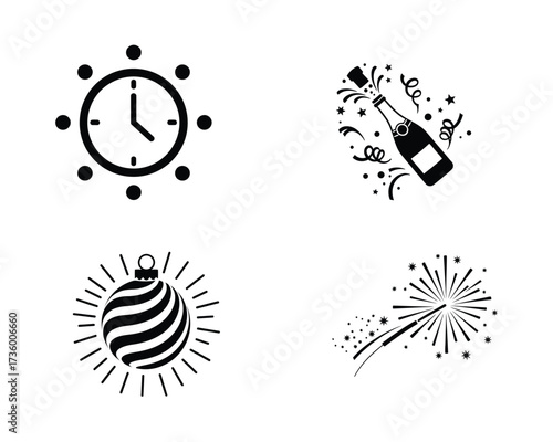 Collection of four black and white graphic icons representing new year s eve celebrations including a clock champagne bottle ornament and sparkler