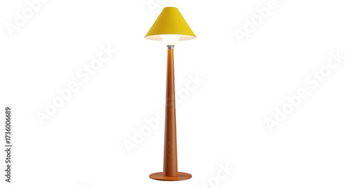 Isolated Yellow Lamp Shade on Wood Base, Floor Lamp, Light Fixture, Wood Lamp, Living Room