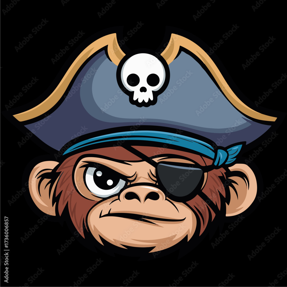 Fototapeta premium Cartoon monkey head wearing a pirate hat and eye patch, with a stern expression.