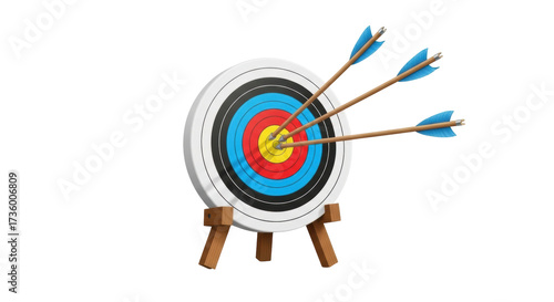 Slika na platnu Isolated archery target on stand with arrows centered, hitting bullseye success