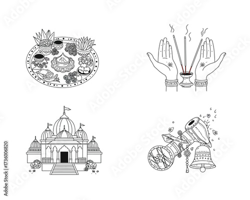 Collection of four hand drawn indian cultural icons representing spirituality tradition and architecture in black and white line art