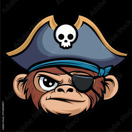Cartoon monkey head wearing a pirate hat and eye patch, with a stern expression.