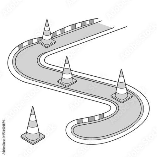 A stylized illustration of a winding road or race track marked with traffic cones and checkered borders on a white background