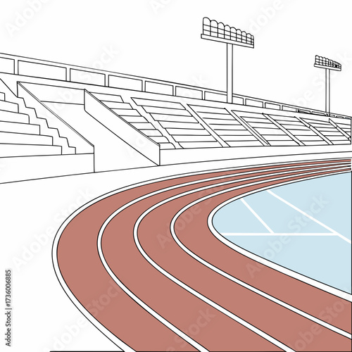 A stylized line drawing of a running track and stadium seating with spotlights under a clear sky