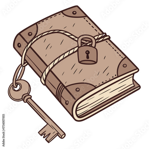 An old locked book with a key tied to it by a rope representing secrets and knowledge
