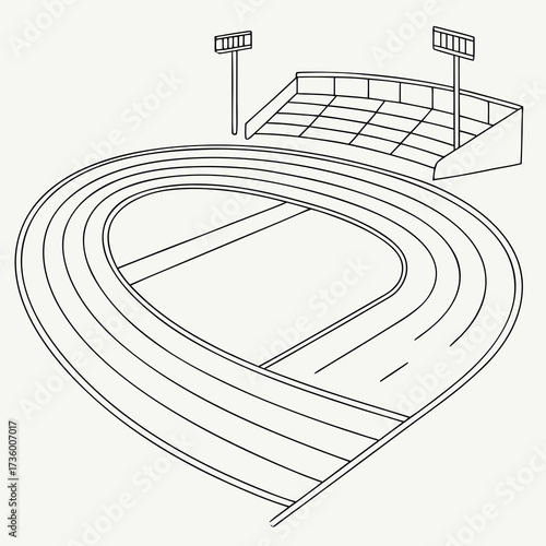 Athletic running track stadium with grandstands and floodlights viewed from an elevated perspective in a clean line drawing style