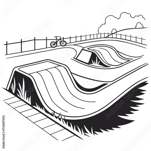Black and white illustration of a bicycle parked near a skate park with ramps and curves on a sunny day with clouds and trees in the background