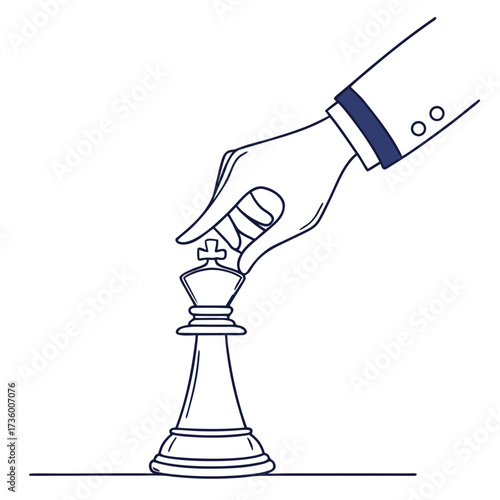 Business strategy and leadership concept with a hand placing the king chess piece on a white background