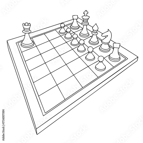 Black and white line drawing of a chess board with pieces set up for a game viewed from a high angle