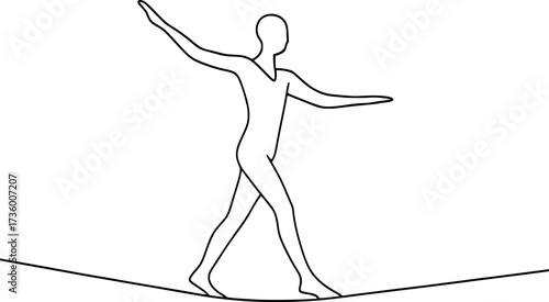 Minimal contour of acrobat walking tightrope, vector design perfect for circus posters, acrobatics illustrations, performance icons, and dynamic stock graphics