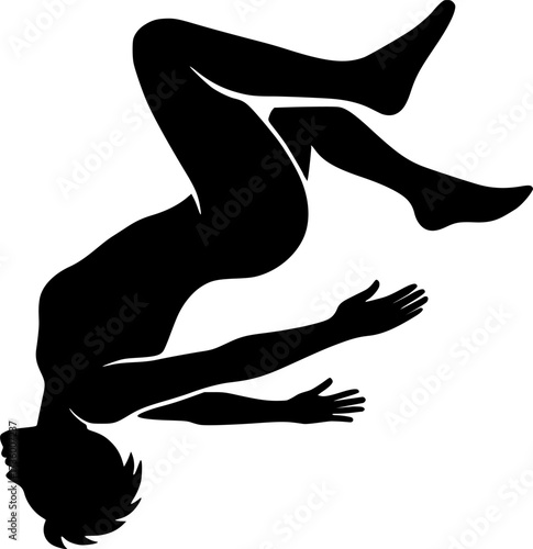 Minimalist silhouette of an acrobat mid aerial somersault, vector design ideal for gymnastics posters, sports illustrations, fitness icons, and dynamic stock graphics