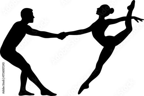 Minimalist silhouette of two acrobats in counterbalance pose, vector design perfect for gymnastics posters, partner acrobatics, fitness icons, and dynamic stock illustrations